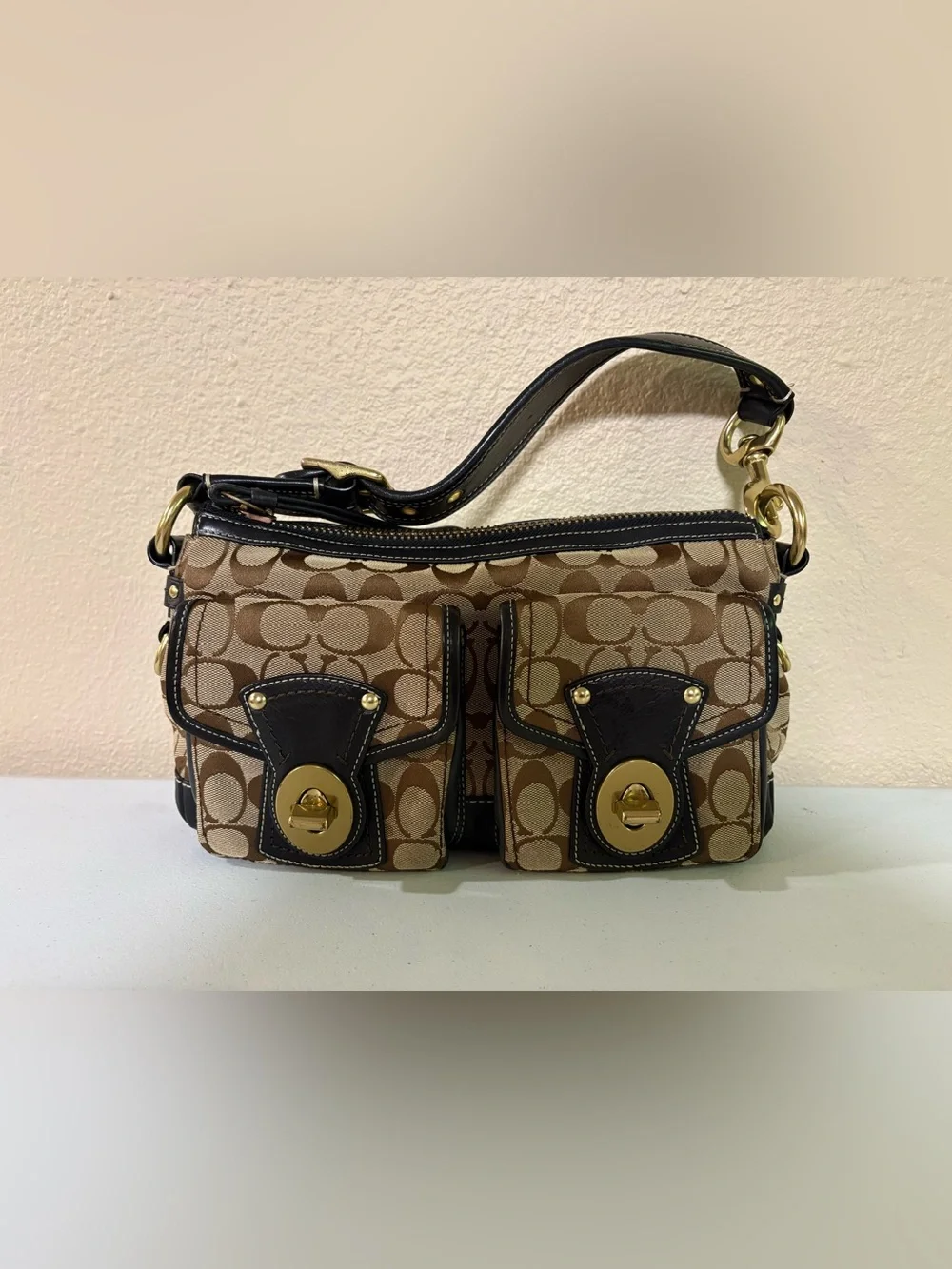 Coach 65th Legacy Signature Shoulder Bag, Black Trim, Stripe Lining F06K - 10339